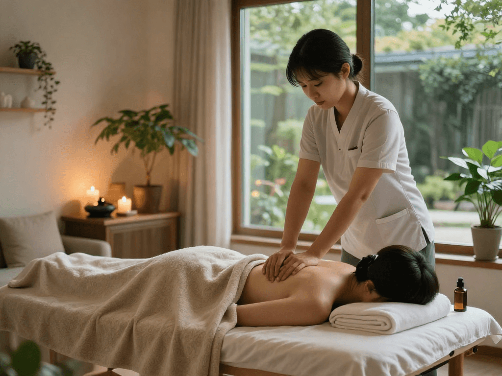 Relaxing scene of a professional providing 강서구출장안마 in a serene home environment.