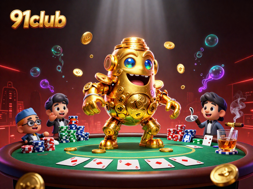 Engage with exciting casino action at 91club, featuring a golden golem and poker elements.