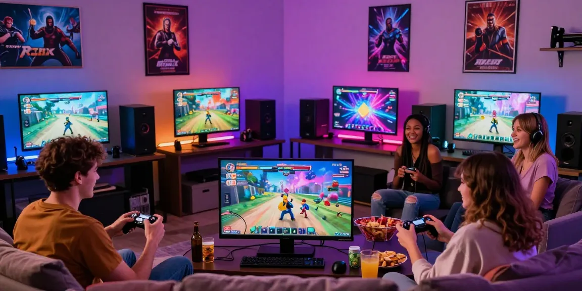Group of friends enjoying gay porn games together in a vibrant gaming room.