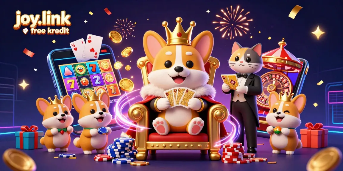 Engage in the fun of joy.link free kredit with royal corgis and vibrant casino elements celebrating a big win!