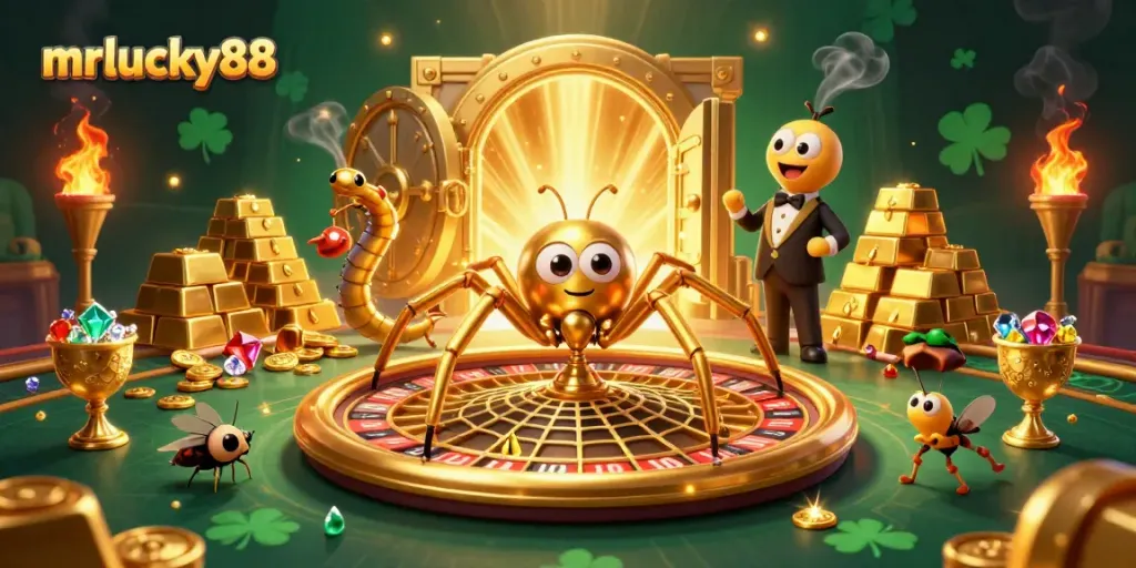 Experience thrilling gaming with mrlucky88 as a golden spider spins a roulette wheel web.