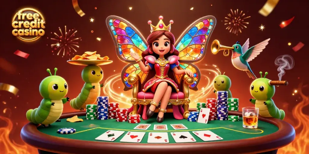 Experience free credit casino fun with a cartoon butterfly queen amidst poker elements and celebration effects.