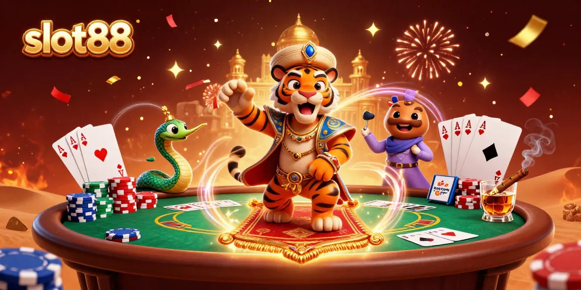 Experience slot88 excitement with a vibrant casino scene featuring a cartoon sultan and rich game elements.