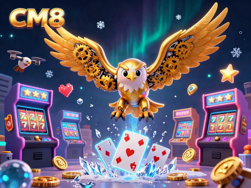 CM8 online casino experience featuring a cybernetic eagle diving with holographic cards, surrounded by slot elements and vibrant gaming visuals.