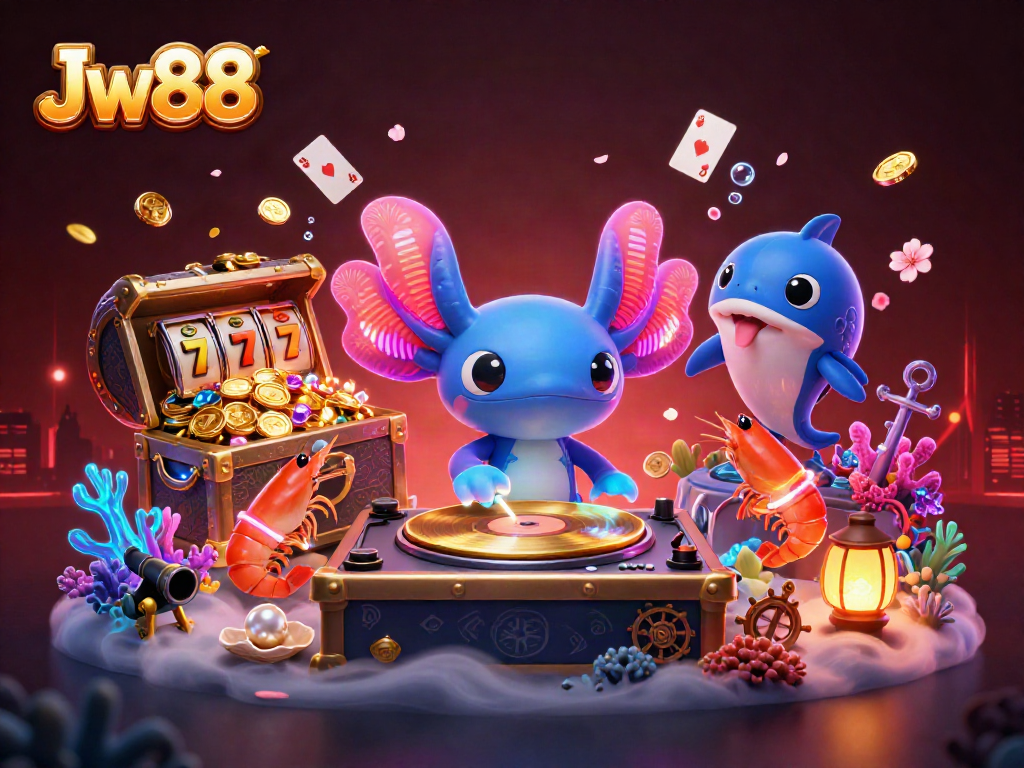Experience the vibrant world of Jw88 with a dynamic underwater casino scene filled with animated characters and gaming elements.