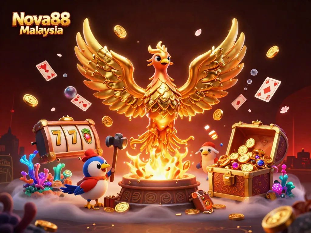 Engage with Nova88 Malaysia's vibrant gaming scene featuring a phoenix and playful coins.