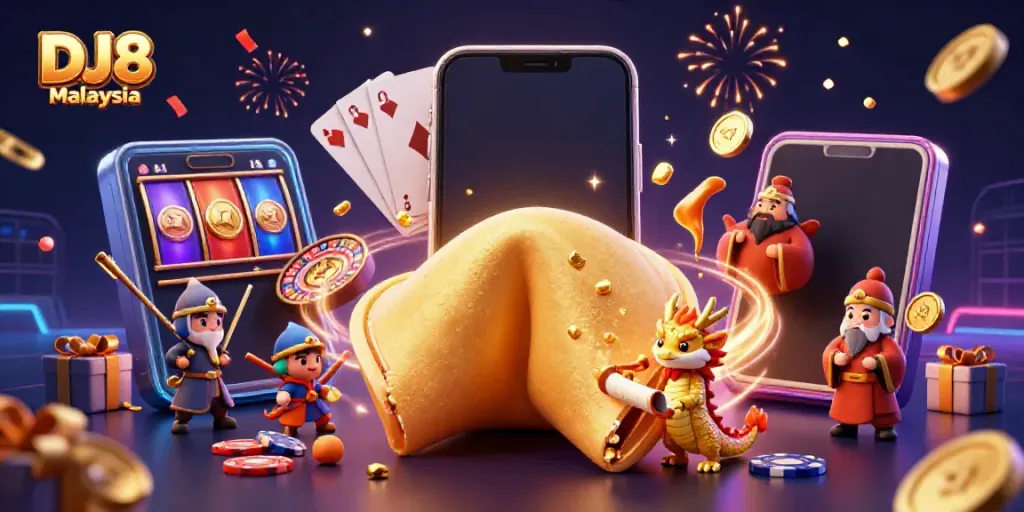 Experience the thrill of DJ8 Malaysia with a giant fortune cookie and a wise dragon in a vibrant casino scene.