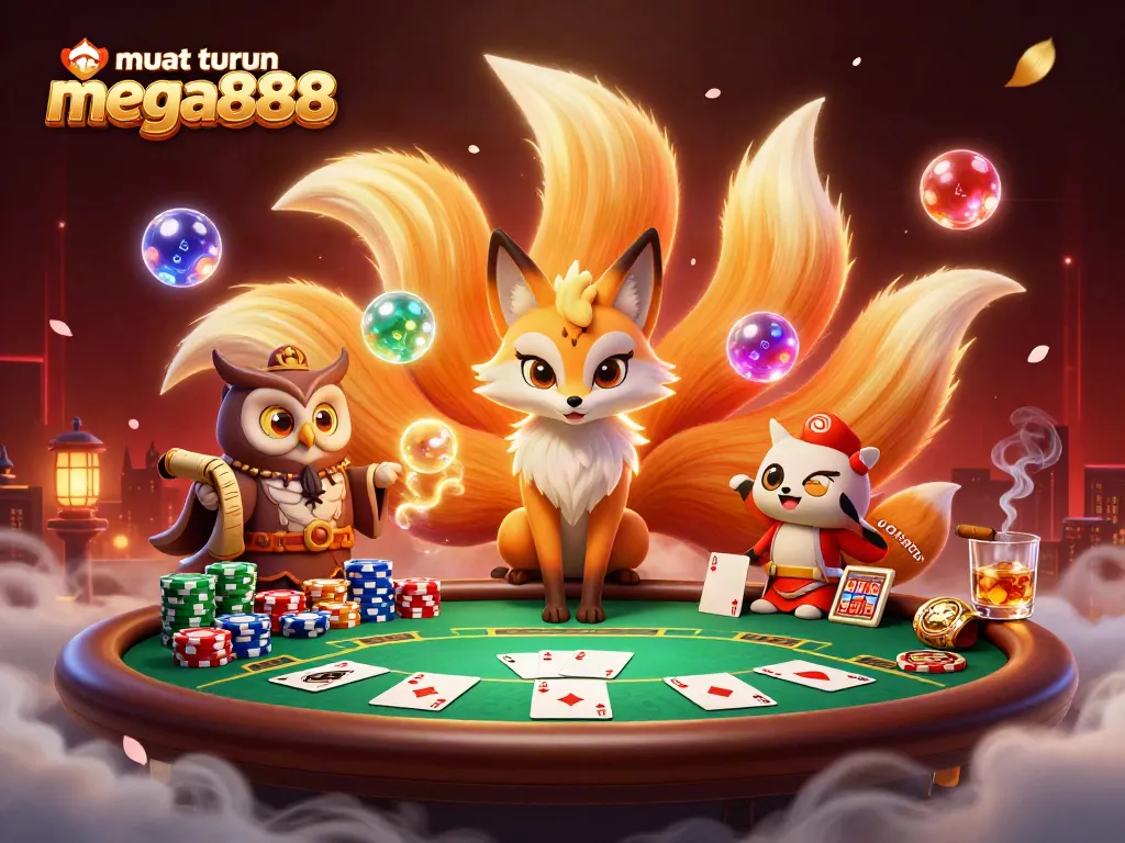 Muat turun mega888 with vibrant 3D characters including a nine-tailed fox, poker elements, and colorful orbs.