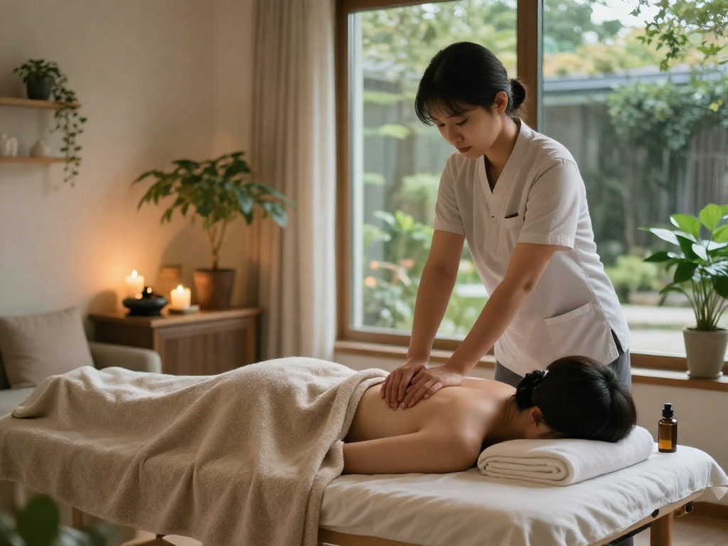 Relaxing scene of a professional providing 강서구출장안마 in a serene home environment.