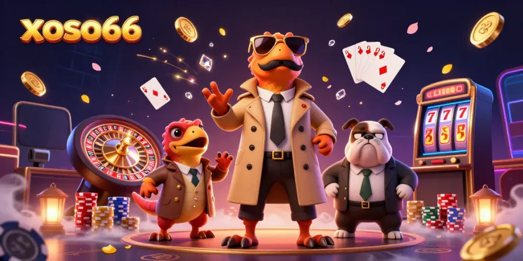 Experience thrilling gaming at xoso66 with cartoon raptors sneaking into a VIP lounge filled with casino excitement.