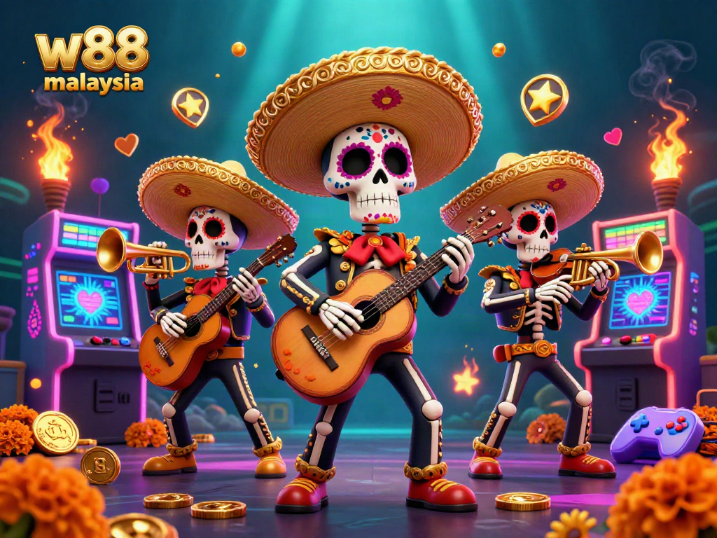 Experience w88 malaysia with a vibrant scene of a mariachi band in a casino setting, showcasing fun gaming elements.