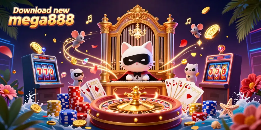 Spin and win with download new mega888, featuring a vibrant casino scene with playful characters.