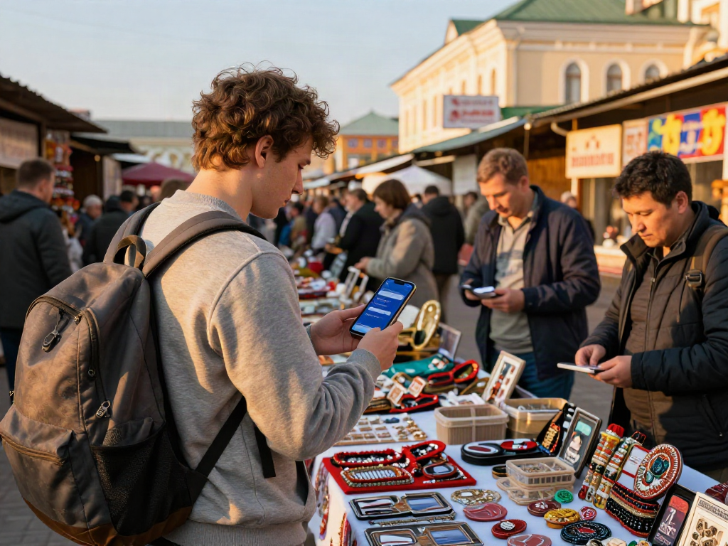 Pembayaran dengan aplikasi https://payinrussia.com/ di pasar Rusia yang meriah.