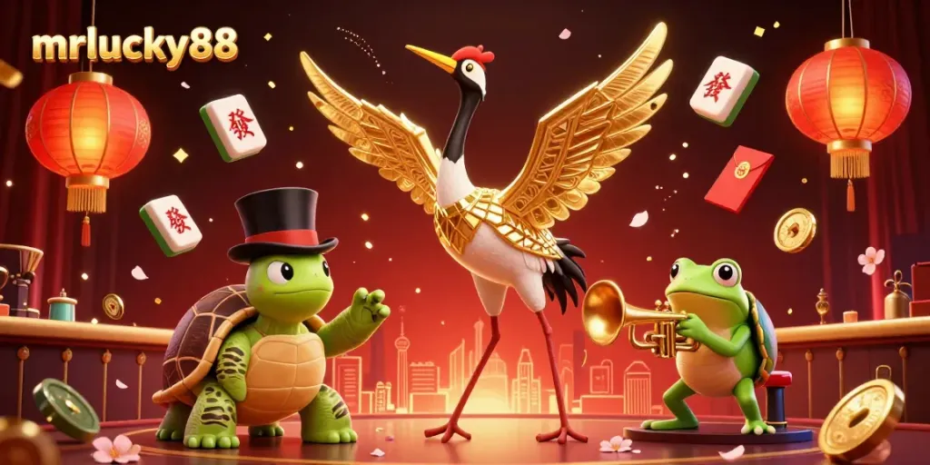 Engage with mrlucky88 in this vibrant 3D casino scene filled with exclusive gaming elements and lively characters.