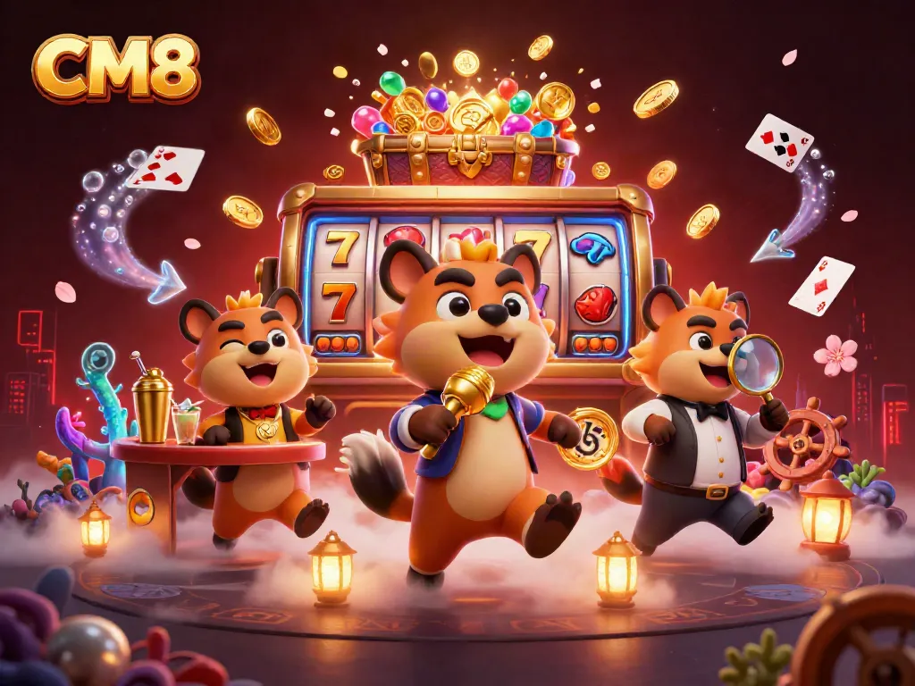 CM8 casino scene featuring hyenas, slot reels, and vibrant gaming elements.