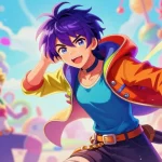 AI ecchi character illustration in vibrant anime art style with colorful background and playful elements.